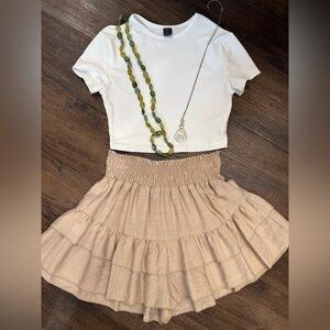 SHEIN Cream Ruffled Shorts with white fitted crop top, 2 cute necklaces. $13